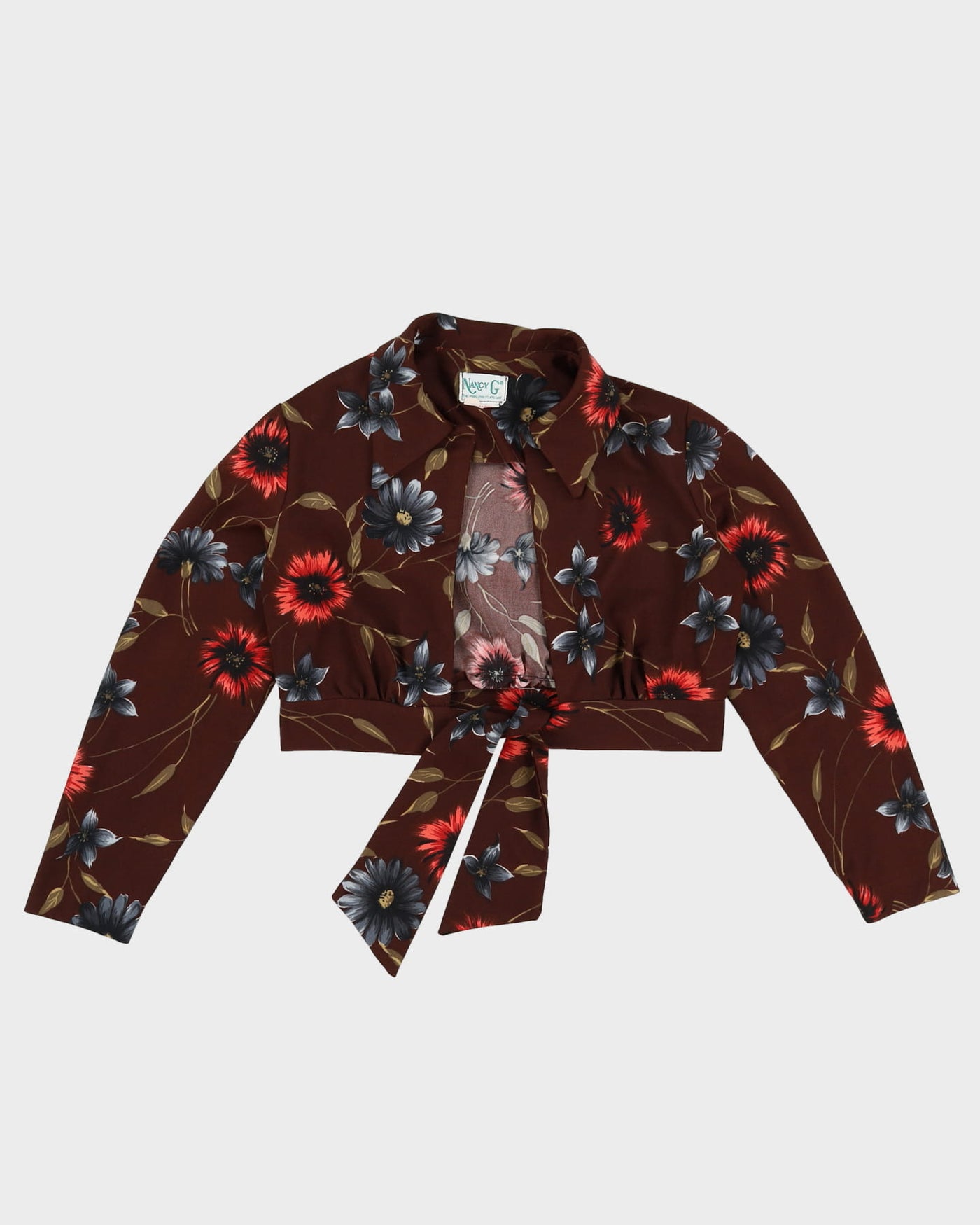 1970s Open Style Cropped Floral Tie Front Blouse - S