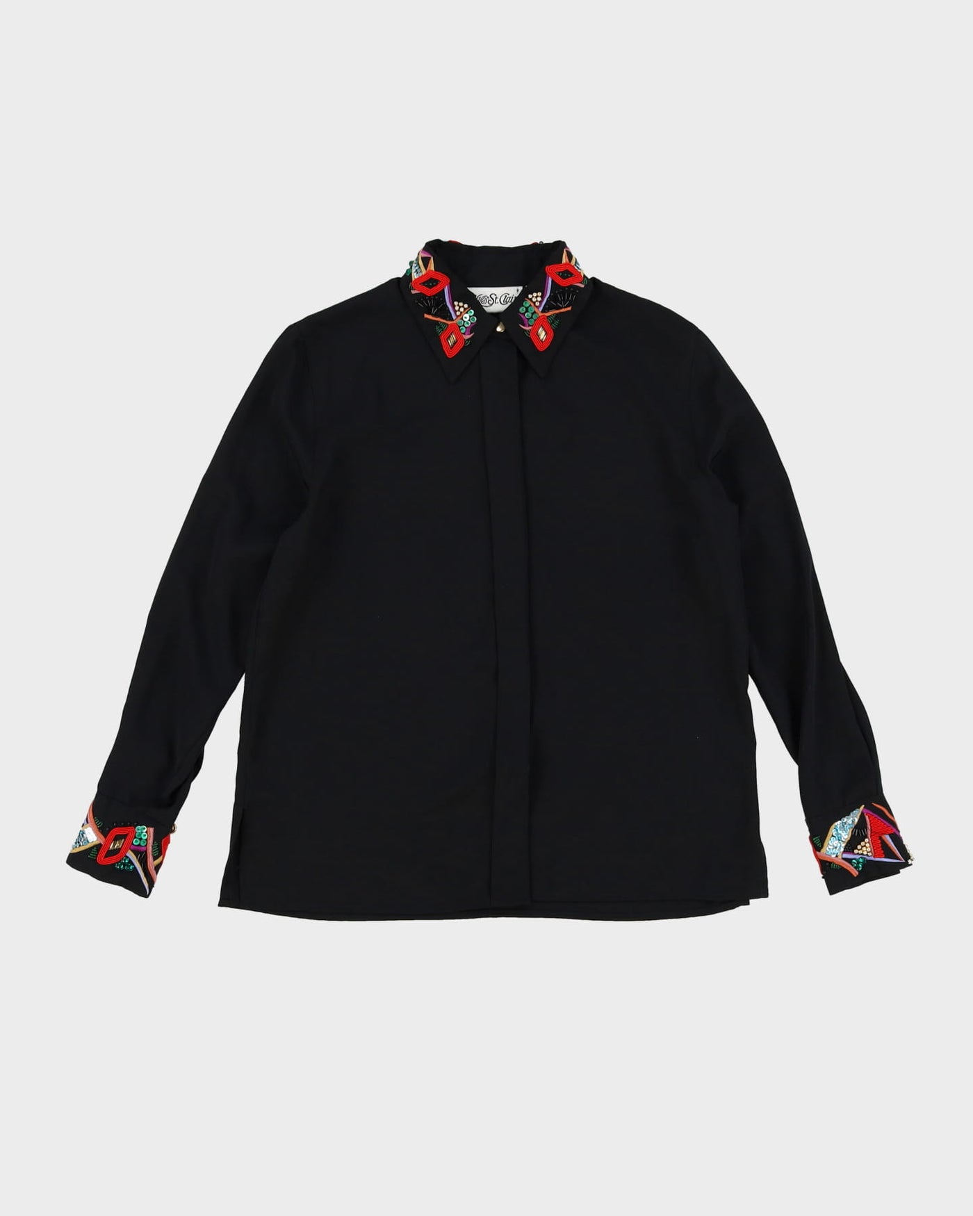 Black With Embellished Collar And Cuffs Blouse - M