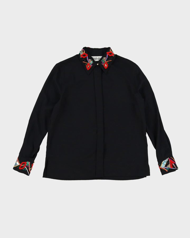 Black With Embellished Collar And Cuffs Blouse - M