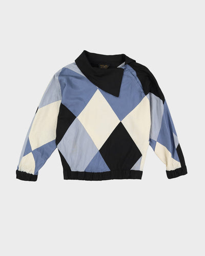 1990s Blue Harlequin Patterned Silk Blouse - M