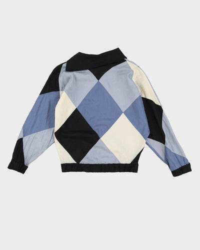 1990s Blue Harlequin Patterned Silk Blouse - M