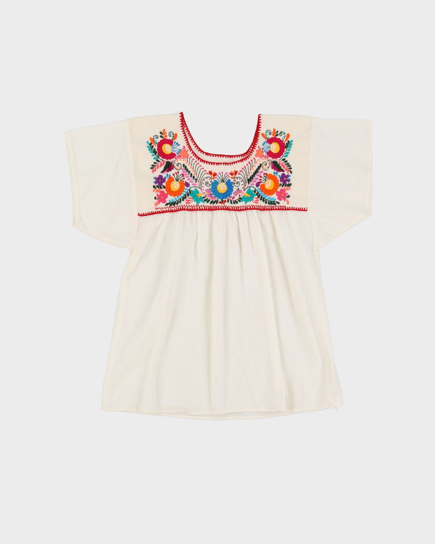 White With Red Floral Embroidery Short Sleeve Blouse - S