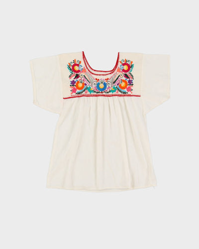 White With Red Floral Embroidery Short Sleeve Blouse - S