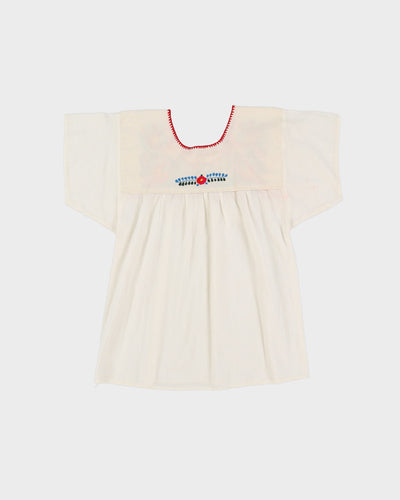 White With Red Floral Embroidery Short Sleeve Blouse - S