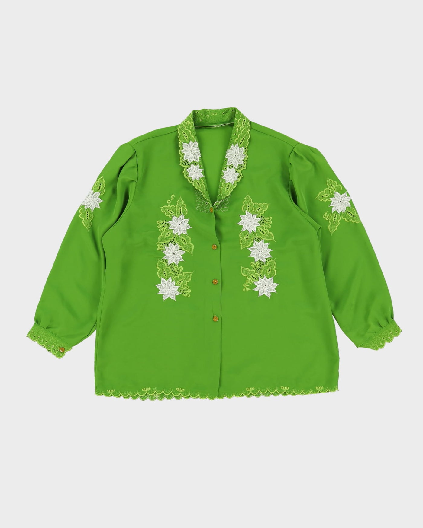 1980s Green Embroidered Long Sleeve Blouse - S
