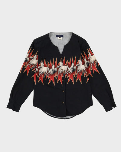 1990s Horse Patterned Black Blouse - S