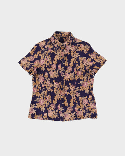 Purple Floral Patterned Silk Blouse - S