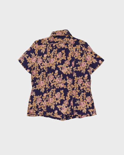Purple Floral Patterned Silk Blouse - S