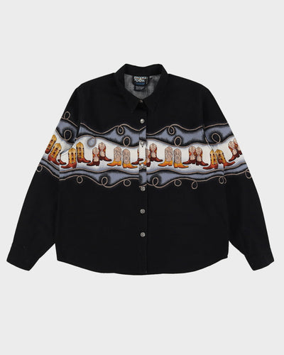 Vintage Black With Cowboy Boots Pattern Blouse - M