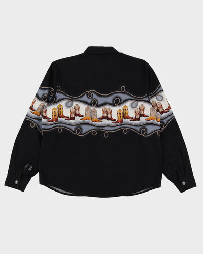 Vintage Black With Cowboy Boots Pattern Blouse - M