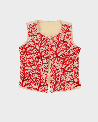 Vintage 1990s Cream and Red Waistcoat Top - S