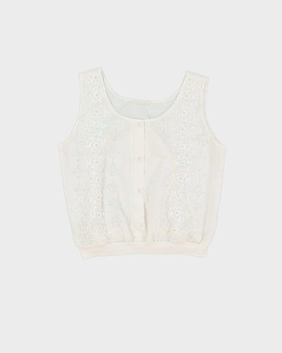 Vintage White Sleeveless Embroidered Top - M