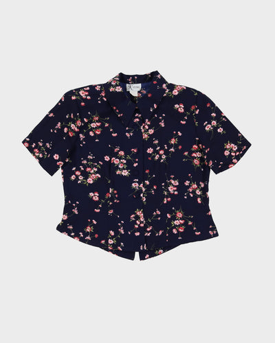 Blue With Pink Flowers Patterned Blouse - S