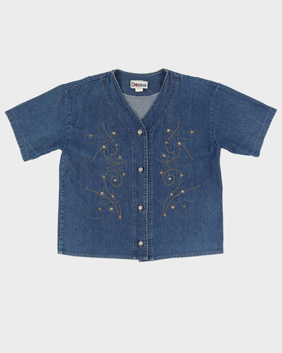 Vintage 1990s Blue Denim With Gold Embroidery Top - M