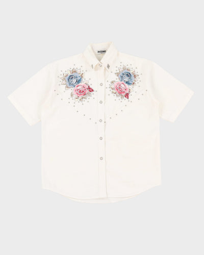 Vintage 1990s White Floral Embroidered Top - M