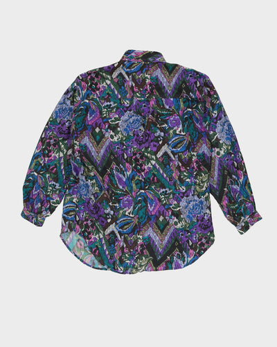 Y2K Purple Patterned Silk Long Sleeve Blouse - M