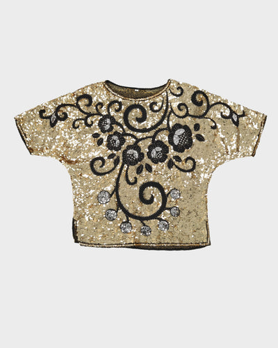 00s Gold And Black Sequinned Party Top - M