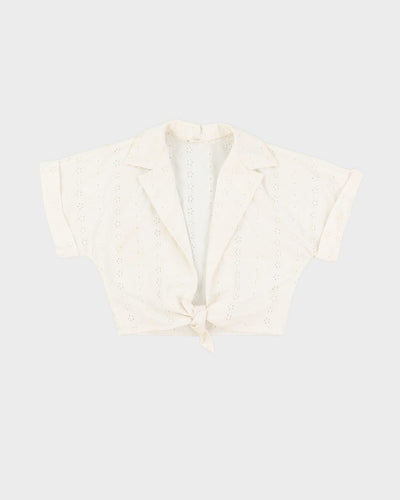Y2K White Lace Tie-Front Cropped Top - S