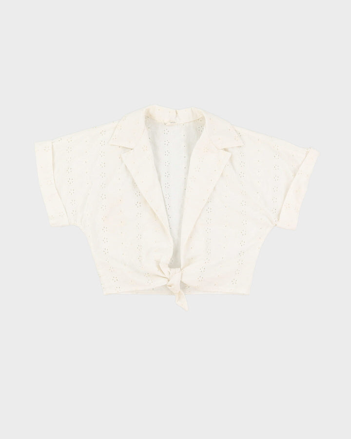 Y2K White Lace Tie-Front Cropped Top - S