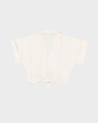 Y2K White Lace Tie-Front Cropped Top - S