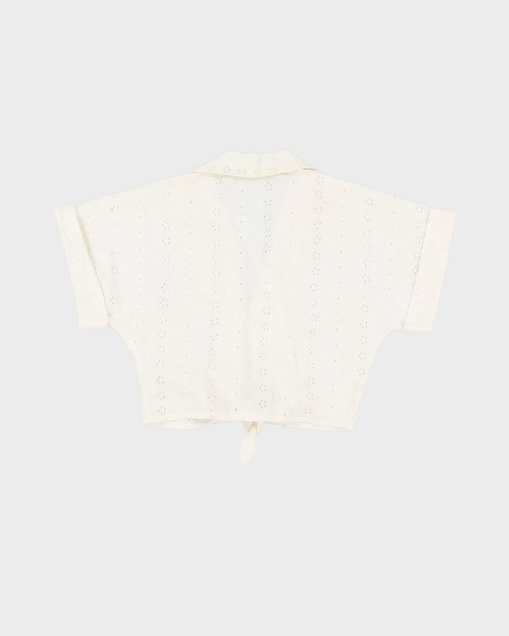 Y2K White Lace Tie-Front Cropped Top - S