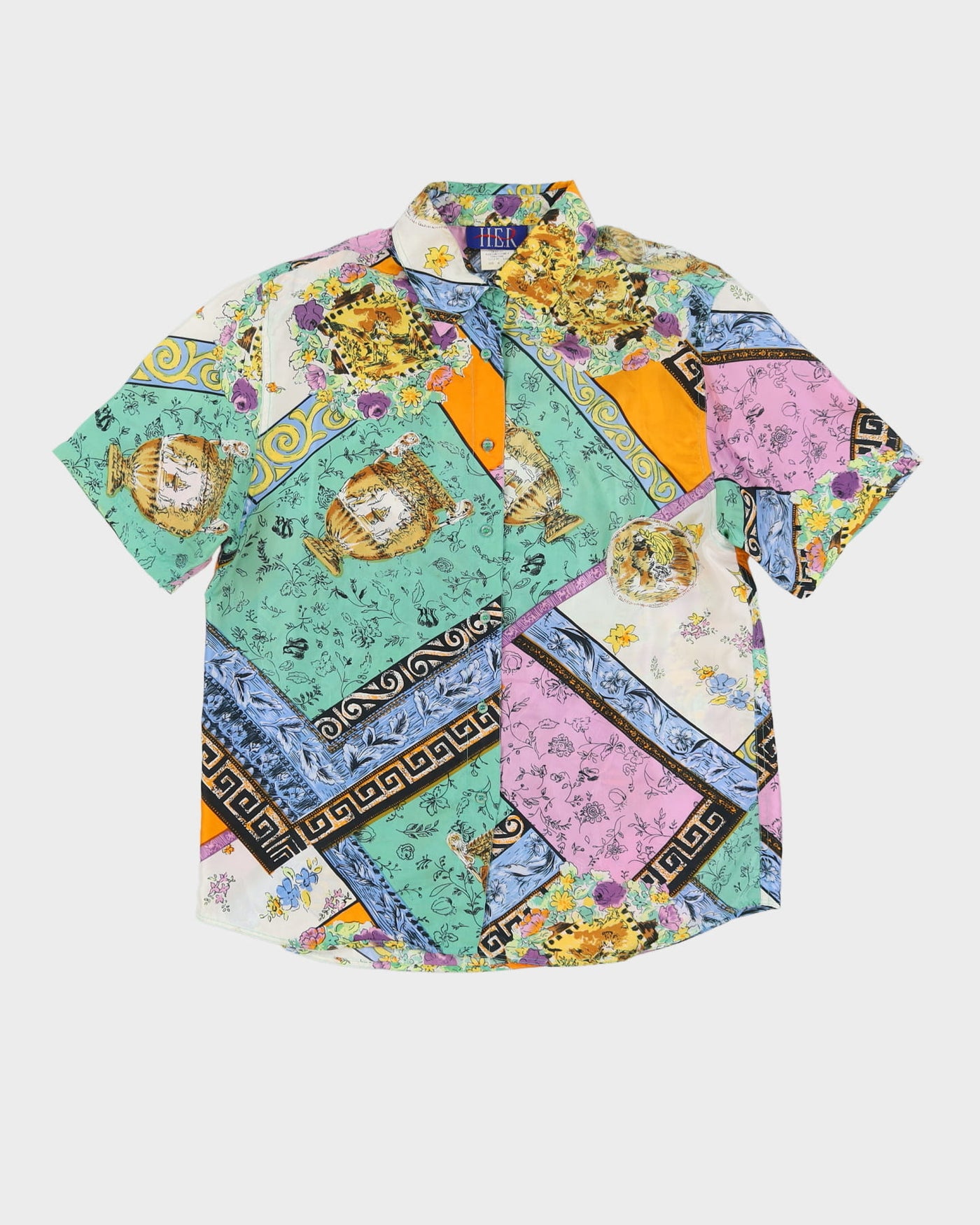 Green Patterned Silk Short Sleeve Blouse - M