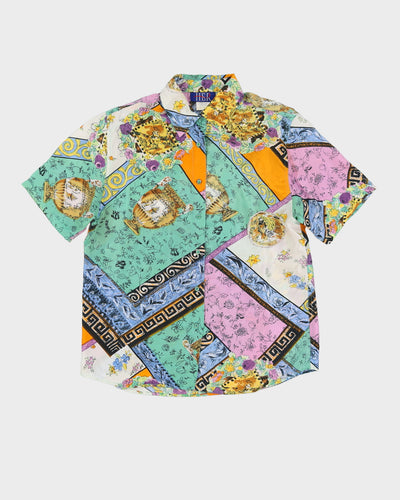 Green Patterned Silk Short Sleeve Blouse - M