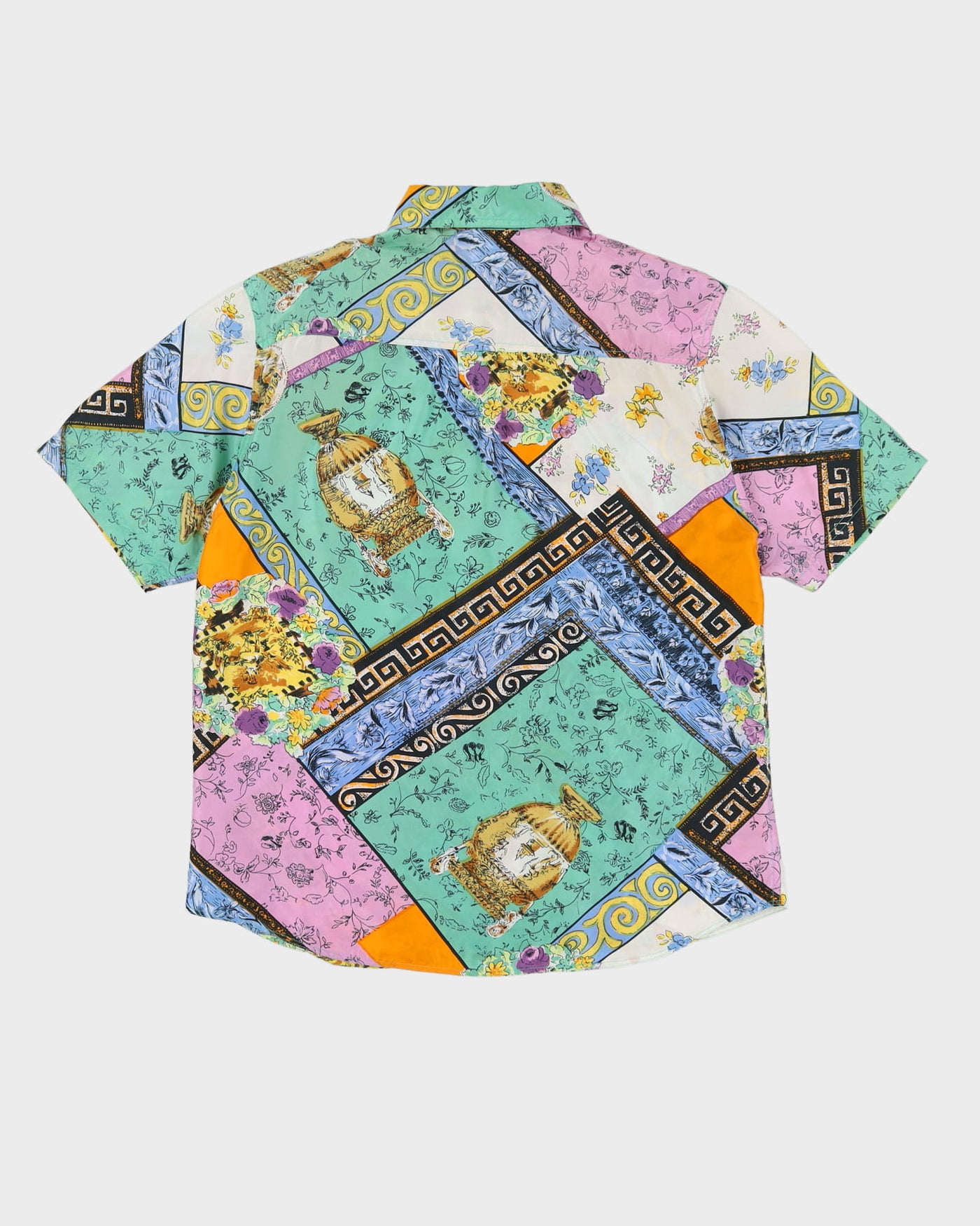 Green Patterned Silk Short Sleeve Blouse - M