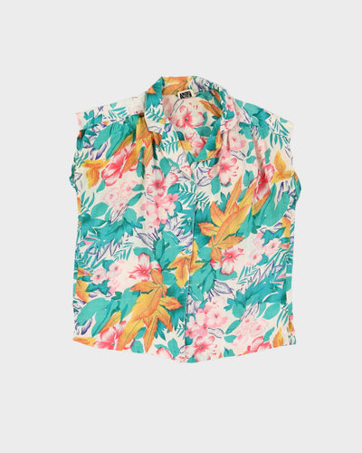 1990s Green Patterned Short Sleeve Blouse - L