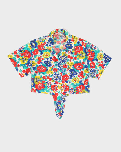 Vintage 1990s Red Floral Tie Front Blouse - S