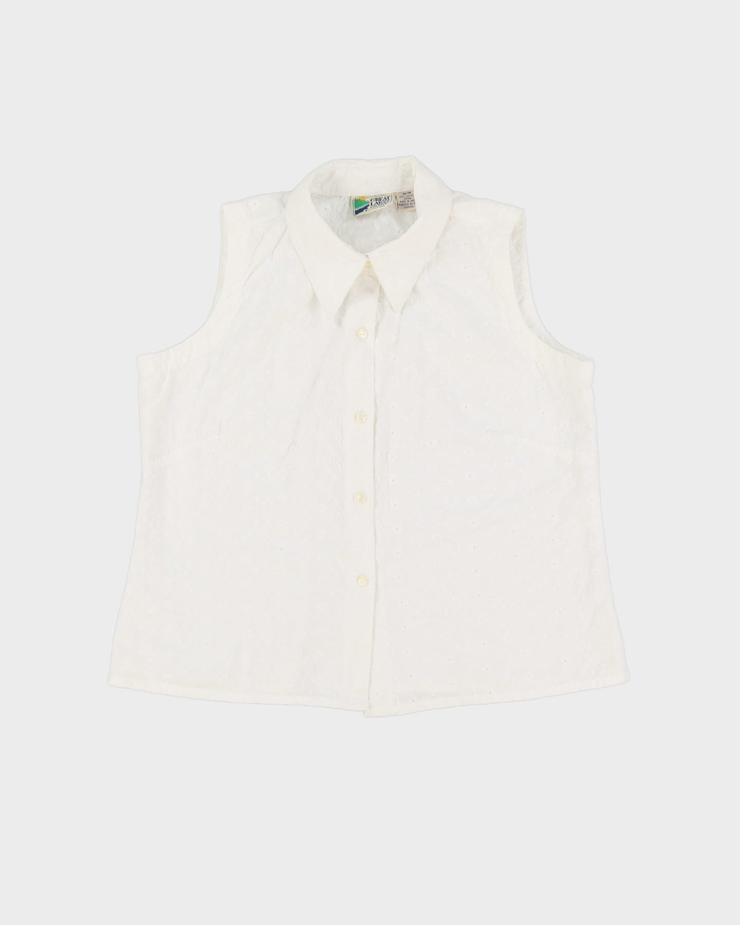 White Cotton Embroidered Sleeveless Blouse - M