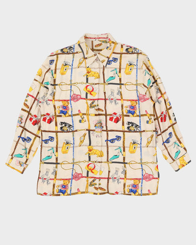 1990s Cream Patterned Silk Blouse - L