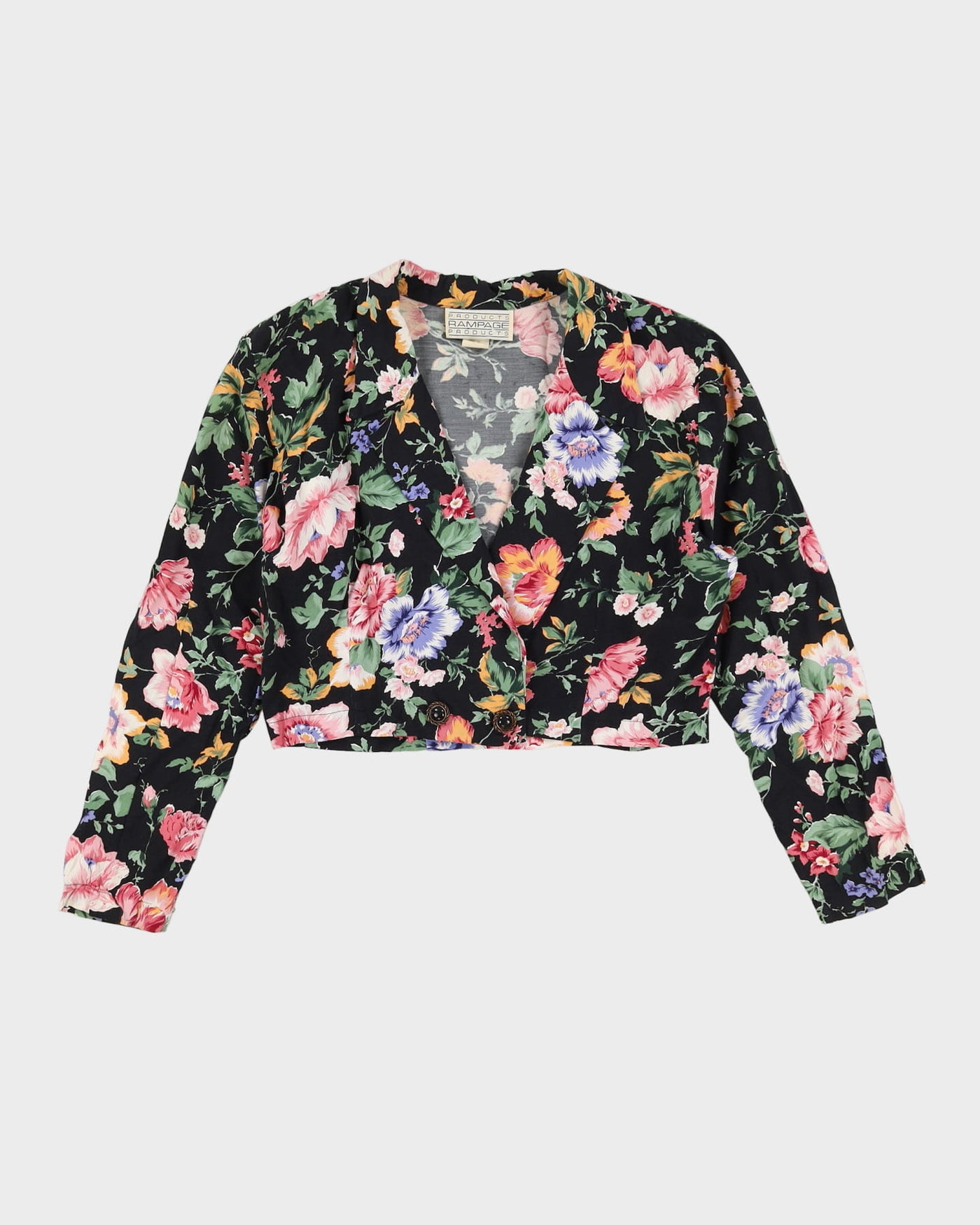 1990s Black Floral Cropped Blouse - M