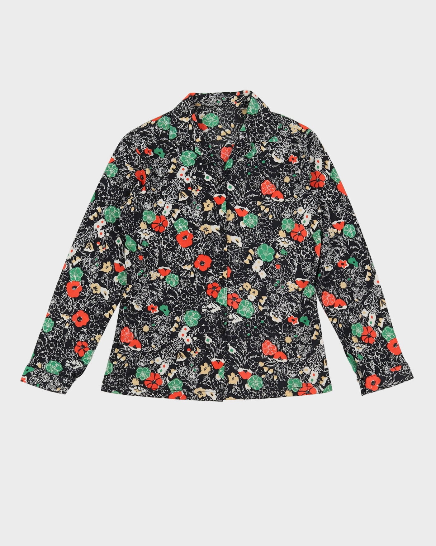Vintage 1970s Black Floral Blouse - XS