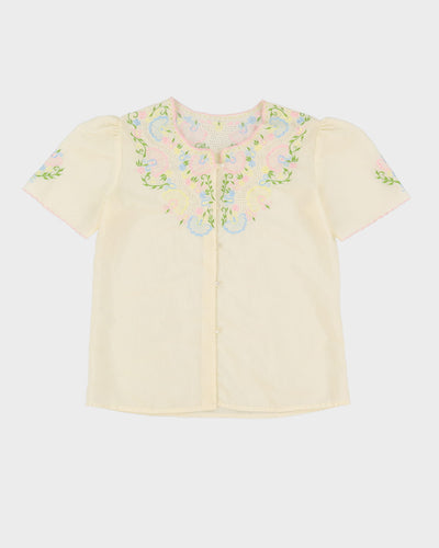 Vintage 1980s Cream Embroidered Blouse - M
