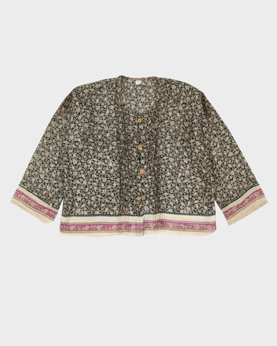 Green Floral Silk Blouse - M
