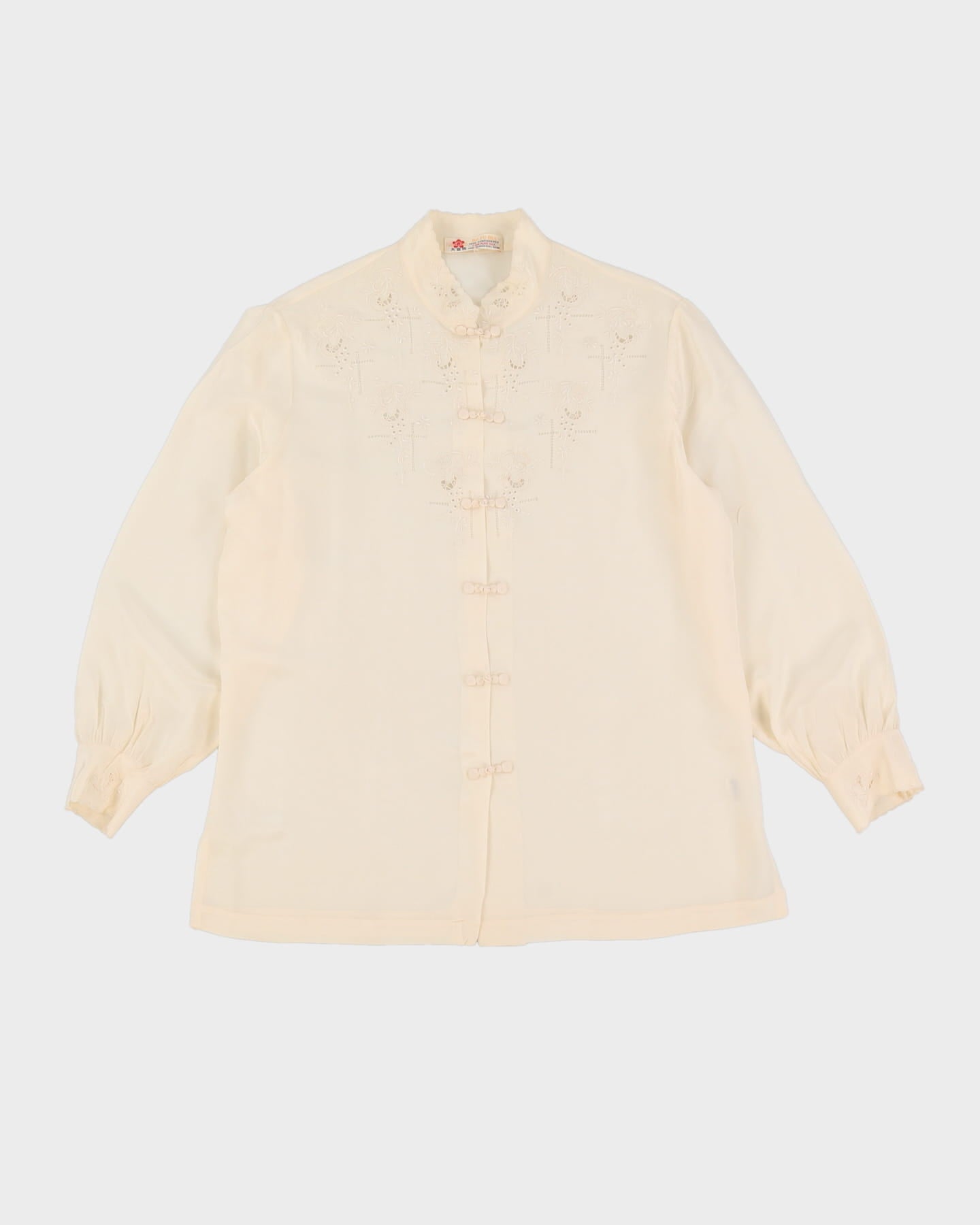 Vintage 1990s Cream Embroidered Silk Blouse - M