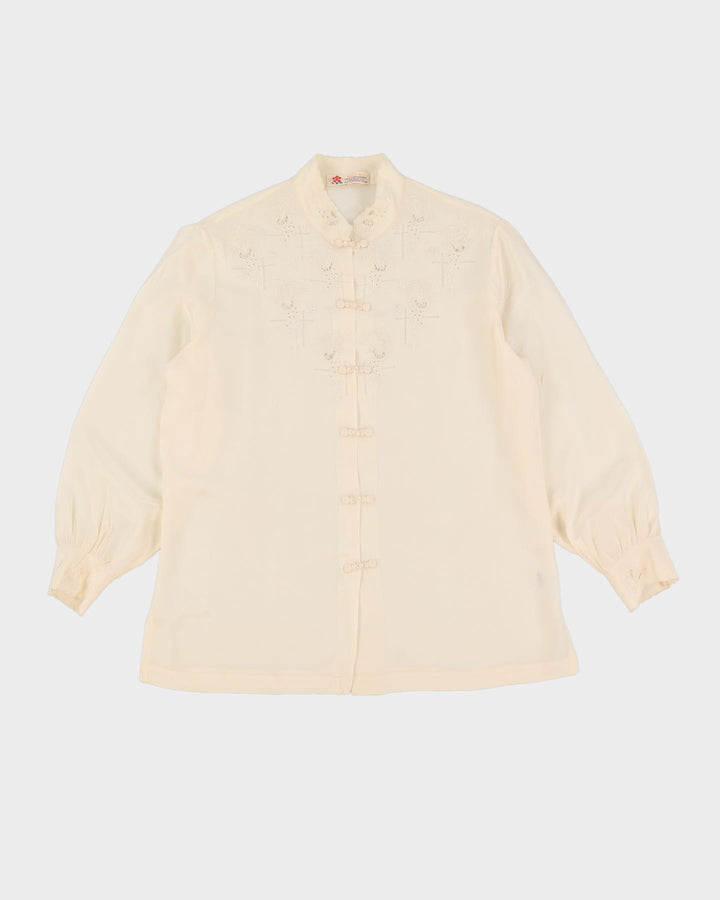 Vintage 1990s Cream Embroidered Silk Blouse - M