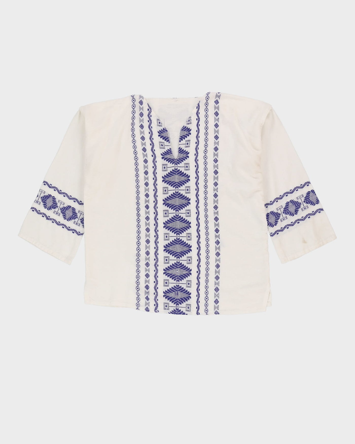 White With Blue Woven Pattern Smock Top - L