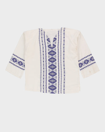 White With Blue Woven Pattern Smock Top - L