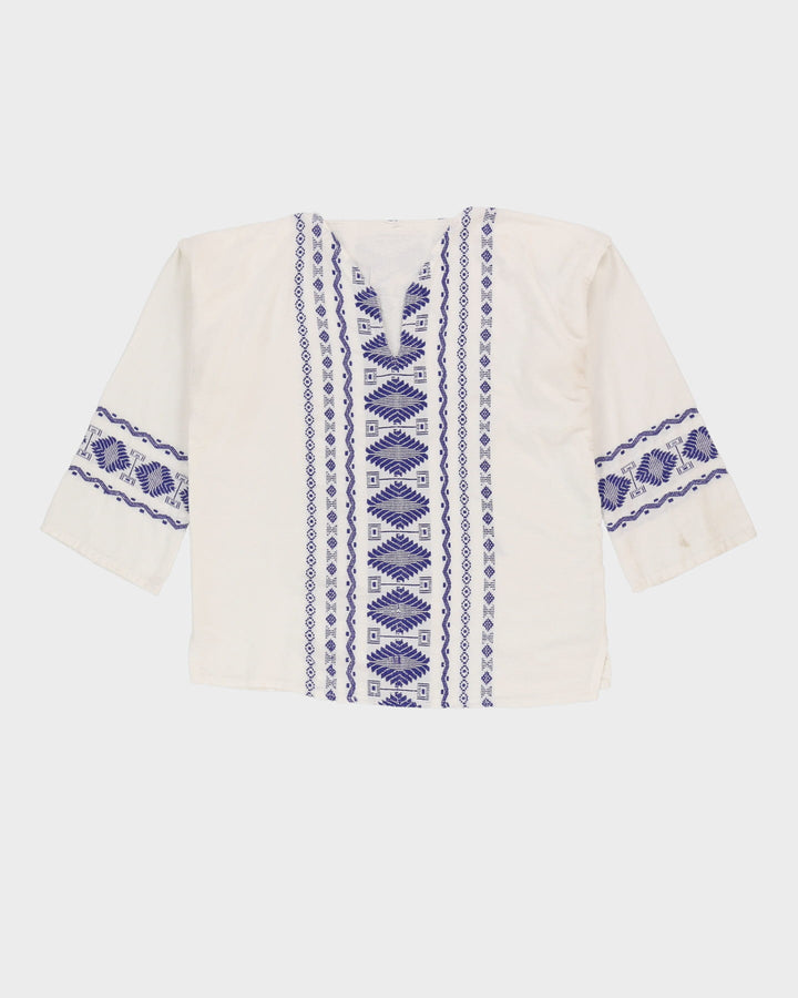 White With Blue Woven Pattern Smock Top - L