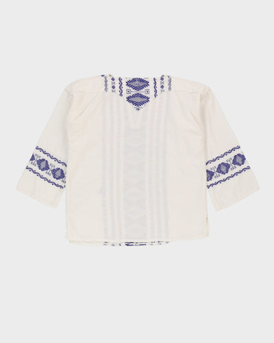 White With Blue Woven Pattern Smock Top - L