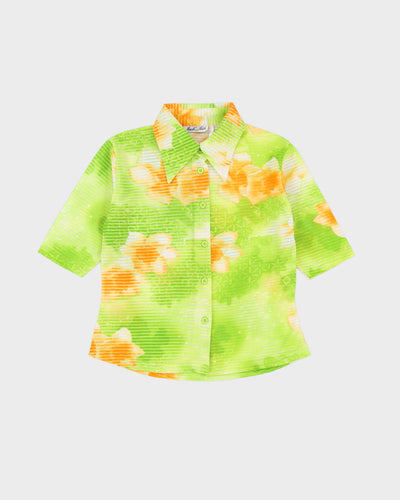 Y2K Green Floral Short Sleeve Blouse - S