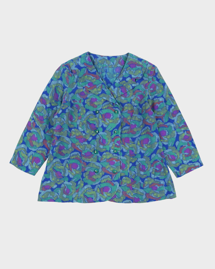 Vintage 1980s Blue Silk Patterned Blouse - S