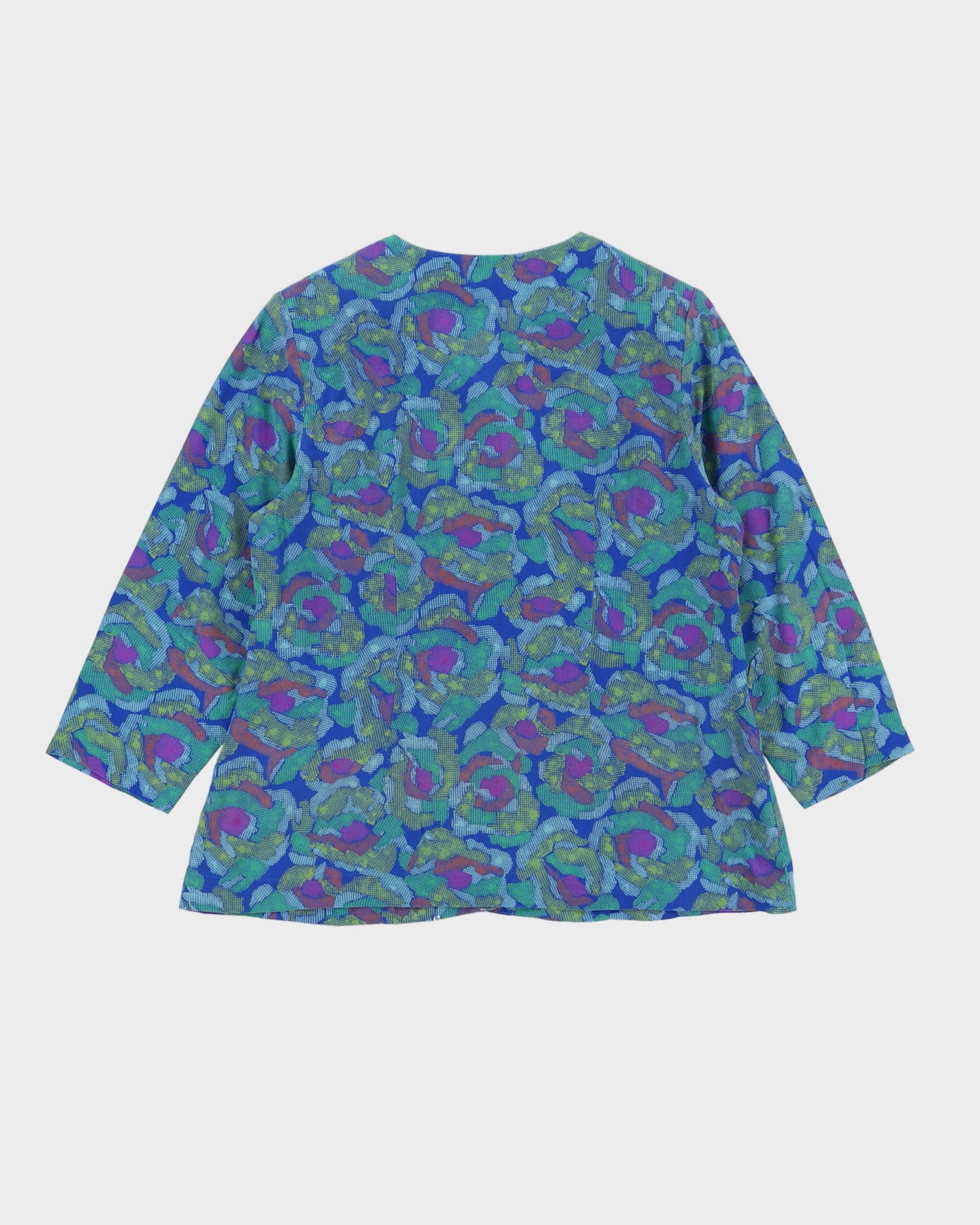 Vintage 1980s Blue Silk Patterned Blouse - S
