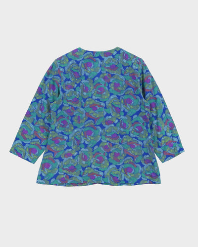 Vintage 1980s Blue Silk Patterned Blouse - S