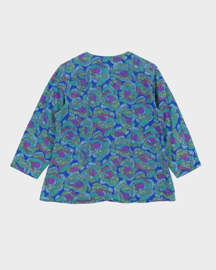 Vintage 1980s Blue Silk Patterned Blouse - S
