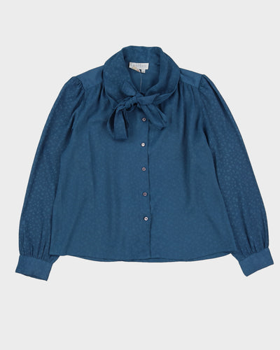 Blue Jacquard Pussy Bow Blouse - M