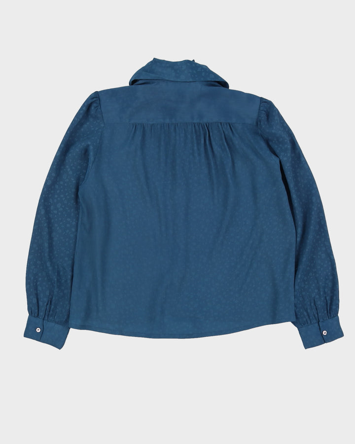 Blue Jacquard Pussy Bow Blouse - M