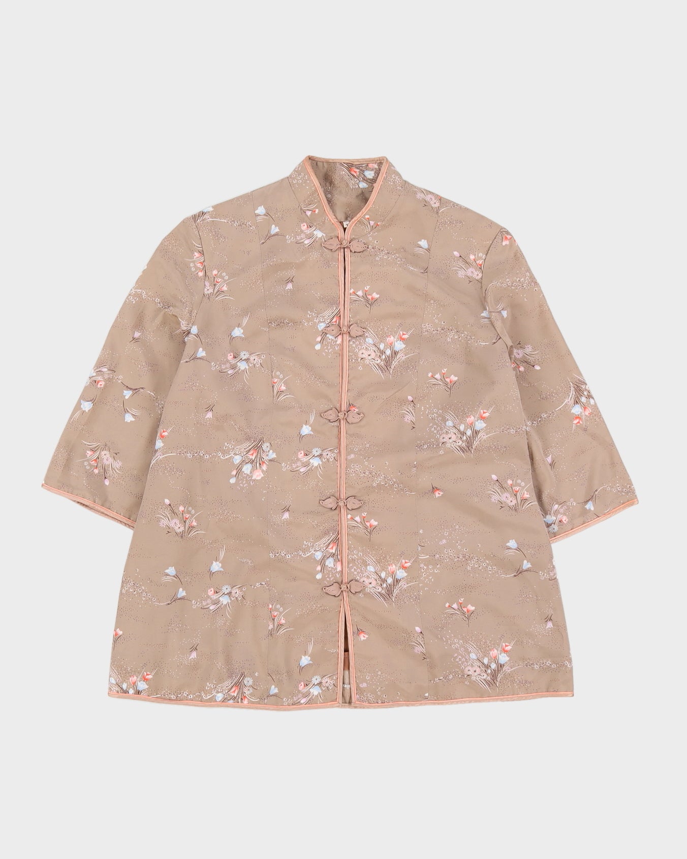 Beige Floral Cheongsam Short Sleeve Blouse - M